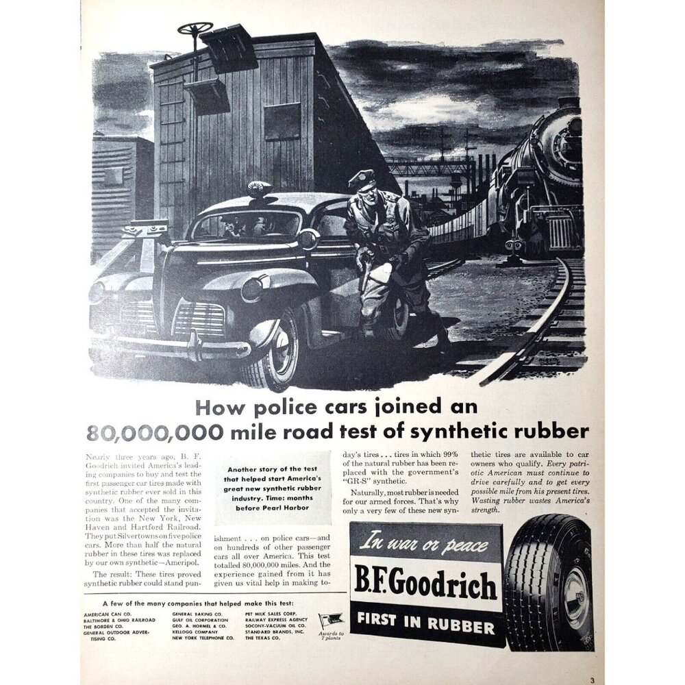 PRINT AD 1943 BF Goodrich Tires Synthetic Rubber Ameripol Police Car Train Vtg